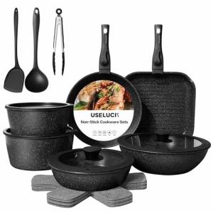Useluck 20 Pcs Pots and Pans Set Non Stick, Ceramic Cookware Set Detachable Handle, RV Kitchen Cooking Set Removeable Handles, Oven Safe, Induction Ready, Stackable Non-stick, Black