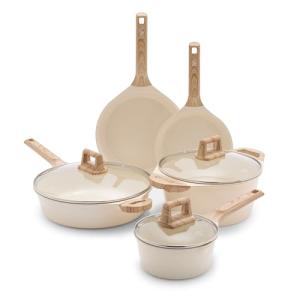GreenLife 8 Piece Ceramic Nonstick Cookware Set, Induction Suitable Non Toxic PFAS-Free Pots & Pans, Dishwasher Safe, Cooking Set, Stock Pot, Saucepans & Frying Pans, Kitchen Cooking, Granite Cream