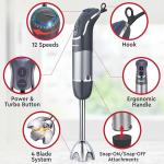 Mueller Multistick 5-in-1 Immersion Blender Handheld, 12 Speed Hand Mixer - Turbo Boost, Heaviest Duty Copper Motor, Titanium Blades Hand Blender, Milk Frother Wand, Whisk, Beaker, Chopper, Grey