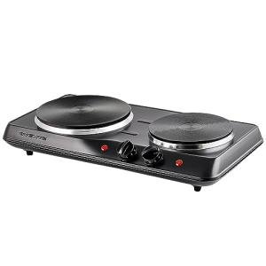 OVENTE Electric Countertop Double Burner, 1700W Cooktop with 7.25" and 6.10" Cast Iron Hot Plates, Temperature Control, Portable Cooking Stove and Easy to Clean Stainless Steel Base, Black BGS102B