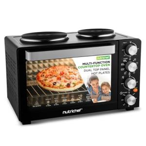 Nutrichef 30 Quart Kitchen Convection Oven & 2 Burner Cooker - 1500 Watt Oven - 7 Cook Functions Rotisserie, Cook, Bake, Broil & More - Includes Baking Tray, Skewers & Handles - 19.6 x 16.0 x 13.5 IN