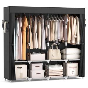 VTRIN Portable Closet for Hanging Clothes 67 Inch Wide Large Capacity Portable Wardrobe Closet with Cover, 4 Storage Shelves and 4 Hanging Rod Sturdy Free Standing Closet for Bedroom, Black
