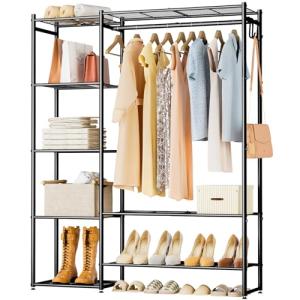 Wardrobe Closet, Portable Clothing Rack for Hanging Clothes, Free Standing Closet Organizers and Storage System with 4 Tiers Shelves for Cloakroom Bedroom, Black