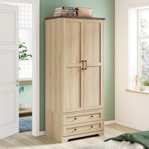 Yechen 71" Wooden Armoire Wardrobe Closet - Modern Functional Clothes Tall Storage Cabinet with Adjustable Shelf and Hanging Rail, Sturdy Freestanding Closet Wardrobe with 2 Wide Drawers (Natural)