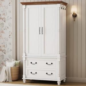 LIKIMIO Farmhouse Armoire Wardrobe Closet with 2 Doors and 2 Drawers, 70" H x 36" W, Large Bedroom Armoire with Roman Column and 3 Hanging Hooks, Wooden Freestanding Closet Cabinet, White