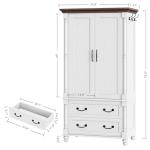 LIKIMIO Farmhouse Armoire Wardrobe Closet with 2 Doors and 2 Drawers, 70" H x 36" W, Large Bedroom Armoire with Roman Column and 3 Hanging Hooks, Wooden Freestanding Closet Cabinet, White