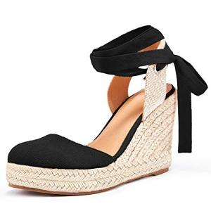Ermonn Womens Espadrille Wedge Sandals Platform Closed Toe Ankle Strap Lace Up Summer Shoes