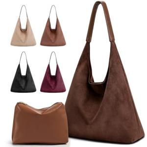 Hommtina 2-Piece Vegan Leather Purse Set for Women: Slouchy Hobo Shoulder Bag & Suede Tote Bag (Coffee)
