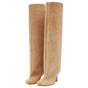 UBWDU Wide Calf Knee High Boots Women Tall Boots Suede Square Toe Stiletto Suede Boots High Heel Long Booties Nude 9