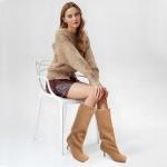 UBWDU Wide Calf Knee High Boots Women Tall Boots Suede Square Toe Stiletto Suede Boots High Heel Long Booties Nude 9