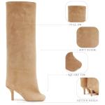 UBWDU Wide Calf Knee High Boots Women Tall Boots Suede Square Toe Stiletto Suede Boots High Heel Long Booties Nude 9