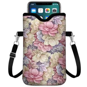 IRADA Neoprene Cell Phone Sleeve Pouch Case Bag with Crossbody Strap Neck Lanyard for Women Men 7.6 X 4.3 Inches-Luxury Flowers Shockproof Universal Phone Bag