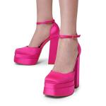 DREAM PAIRS Women’s High Chunky Platform Closed Toe Block Heels Square Toe Ankle Strap Dress Wedding Party Pumps Shoes Aurelia,Size 7.5,Rose Red-Satin,SDPU2319W