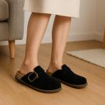 CUSHIONAIRE Blain Genuine Suede Clogs for Women | Slip-On Mules with Memory Foam & Oversized Buckle | Non-Slip Comfort Clogs & Mules Shoes for Women, Black 8