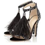 Hinyyrin Women's Tassels Rhinestone Heeled Sandals Wedding Dress White Sandals Stiletto Heel Pearl Black Size 8.5