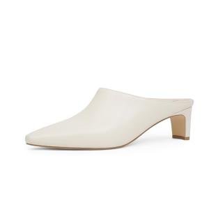 VIUGJNEX Beige White Mule Shoes for Women Kitten Heel Square Toe Closed Toe Low Chunky Blade Heel Slide on Backless Pumps Dress Shoes Size 6.5