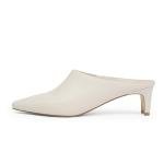 VIUGJNEX Beige White Mule Shoes for Women Kitten Heel Square Toe Closed Toe Low Chunky Blade Heel Slide on Backless Pumps Dress Shoes Size 6.5