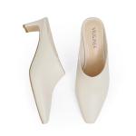VIUGJNEX Beige White Mule Shoes for Women Kitten Heel Square Toe Closed Toe Low Chunky Blade Heel Slide on Backless Pumps Dress Shoes Size 6.5