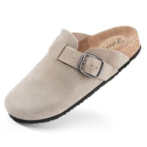FITORY Womens Clogs Slip-on Potato Shoes Leather Mules with Suede Cork Footbed Taupe Size 9