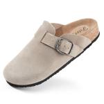 FITORY Womens Clogs Slip-on Potato Shoes Leather Mules with Suede Cork Footbed Taupe Size 9