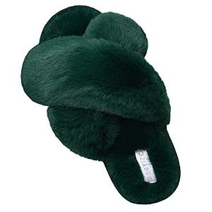 JIASUQI Fuzzy Cozy Faux Fur House Slippers for Women Furry Sandals Summer Slippers Memory Foam Sandal Indoor Outdoor Green 10-11