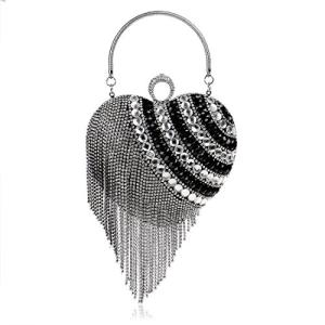 UMREN Women Luxury Heart Shape Tassel Evening Clutch Bag Rhinestones Wedding Party Purse Handbag (One Size, Black 3)