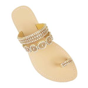 AIJIVOU Mayou Flat Sandals for Women Flip Flops with Clip Toe Ring Rhinestone Crystal Jeweled Sandal Shoes for Summer Beach Oceanside Holiday Outdoor (7.5 M US, Gold)