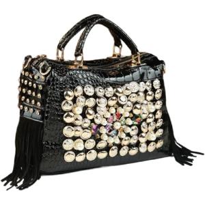 Fashion Rhinestone Bag for Women Leather Top-Handle Satchel Handabgs Large Capacity Tassel Tote Bag Shoulder Messenger Bags (Black)