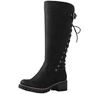 GLOBALWIN Black Lace Up Knee High Fashion Boots