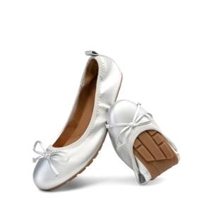 DREAM PAIRS Silver Bowknot Slip-On Ballet Flats