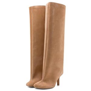 Nude Suede Knee High Wide Calf Stiletto Boots