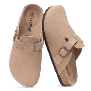 Litfun Women's Soft Suede Comfort Clogs in Taupe