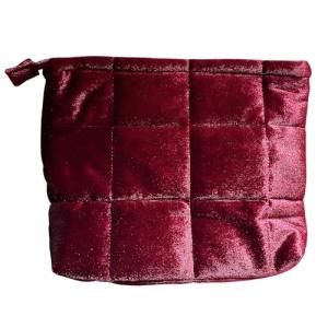 Quilted Velvet Makeup Bag for Women - Wine Red