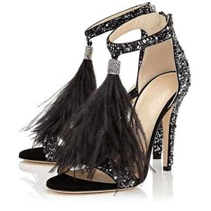 Hinyyrin Women's Tassels Rhinestone Heeled Sandals Wedding Dress White Sandals Stiletto Heel Pearl Black Size 10