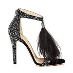 Hinyyrin Women's Tassels Rhinestone Heeled Sandals Wedding Dress White Sandals Stiletto Heel Pearl Black Size 10