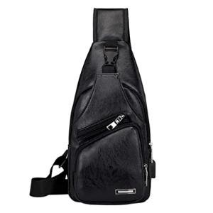 Hebetag Leather Sling Crossbody Bag Travel Backpack for Men Women Small Shoulder Pack Chest Bags with USB Charging Port Outdoor Hiking Camping Daypacks Black