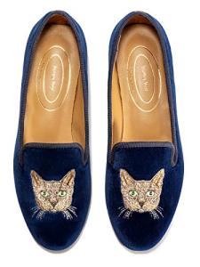 Journey West Women's Velvet Loafer Flat with Embroidery Smoking Slippers Slip on Shoes for Women Cat Navy Blue US 7