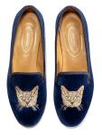 Journey West Women's Velvet Loafer Flat with Embroidery Smoking Slippers Slip on Shoes for Women Cat Navy Blue US 7