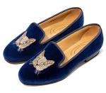 Journey West Women's Velvet Loafer Flat with Embroidery Smoking Slippers Slip on Shoes for Women Cat Navy Blue US 7
