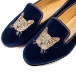 Journey West Women's Velvet Loafer Flat with Embroidery Smoking Slippers Slip on Shoes for Women Cat Navy Blue US 7