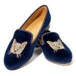 Journey West Women's Velvet Loafer Flat with Embroidery Smoking Slippers Slip on Shoes for Women Cat Navy Blue US 7