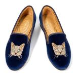 Journey West Women's Velvet Loafer Flat with Embroidery Smoking Slippers Slip on Shoes for Women Cat Navy Blue US 7
