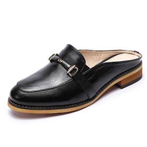Mona flying Women Leather Mules Shoes Backless Slip On Loafer Low Heel Flats Summer Slide Black