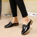 Mona flying Women Leather Mules Shoes Backless Slip On Loafer Low Heel Flats Summer Slide Black