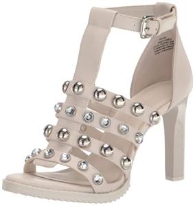 Karl Lagerfeld Paris Women's Brexton T Strap Dress Heel with Stud Embellishments Sandal, Soft White, 8