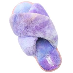 JIASUQI Fur Slides House Slippers for Women Fuzzy Sandals Furry Slides Slippers Soft Flat for Indoor Outdoor Purple Colorful 11.5-12.5
