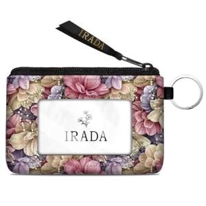 IRADA ID Case Wallet Keychain with Clear ID Window Zipper Cute Coin Purse for Women Water Resistant Small Coin Pouch-Luxury Romantic Delicate Flowers Keychain Wallet