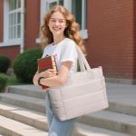 Tote Bag for Women Puffer Tote Bag Large Quilted Nurse Bag with Zipper for Work Travel (Beige)