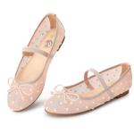 Trary Mesh Nude Flats for Women Round Toe Ballet Flats with Pearls Mary Jane Shoes Women with Bowknot and Elastic Strap, Comfortable Dress Shoes for Wedding Party Casual Wear, Size 8