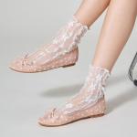 Trary Mesh Nude Flats for Women Round Toe Ballet Flats with Pearls Mary Jane Shoes Women with Bowknot and Elastic Strap, Comfortable Dress Shoes for Wedding Party Casual Wear, Size 8